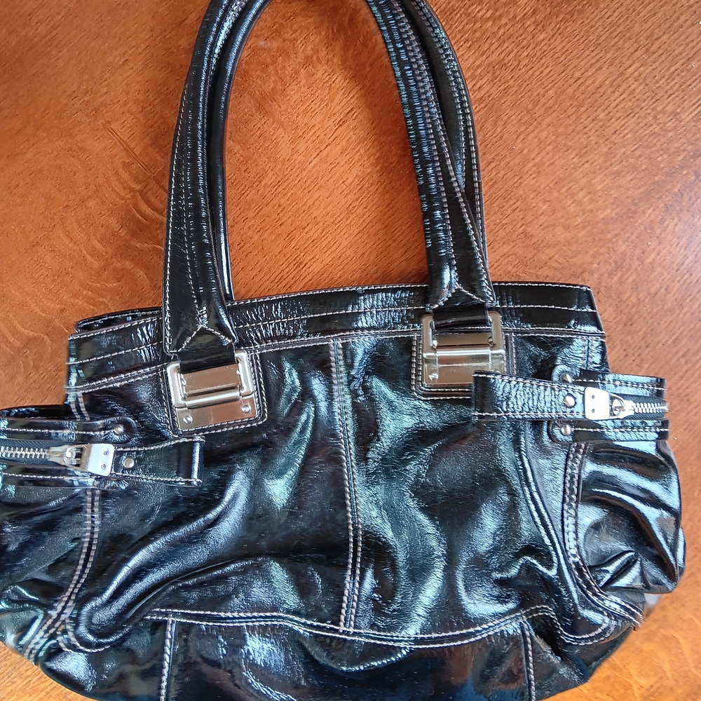 Excellent Condition Glossy Black Leather Shoulder Bag with Silver Accents